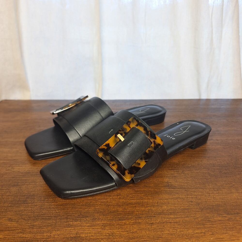 Joie Paige leather slide sandals chunky tortoise shell buckle black minimalist